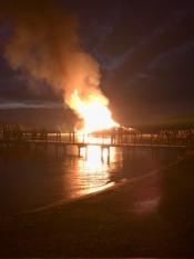 Large fire burning on the shore of Cayuga Lake at night